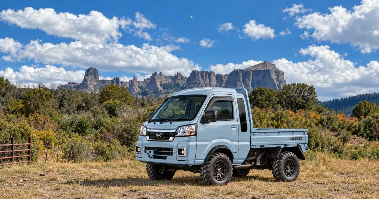 Illustration of a pale blue jumbo cab kei truck parked in front of rocky peaks and pines